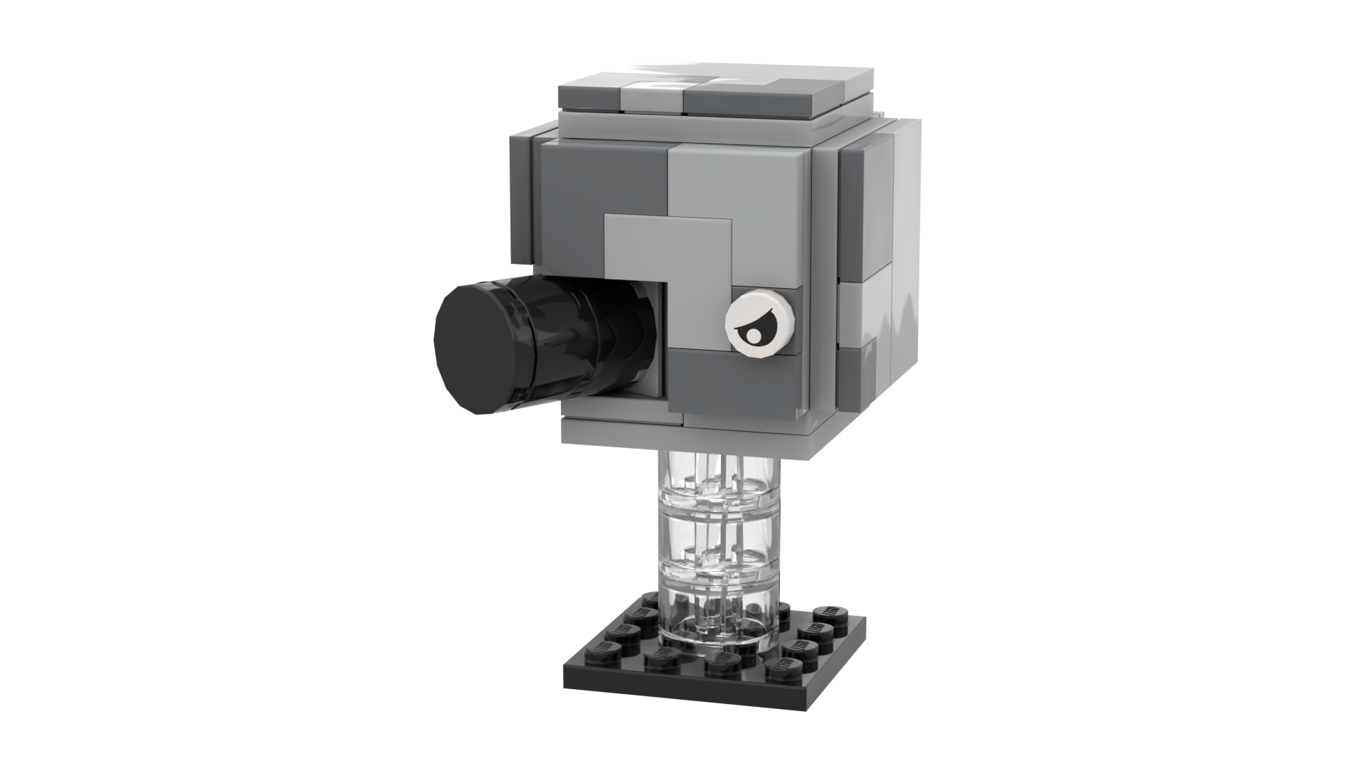 A cube-shaped moon with a face, a rocket stuck in its right eye, made from Lego