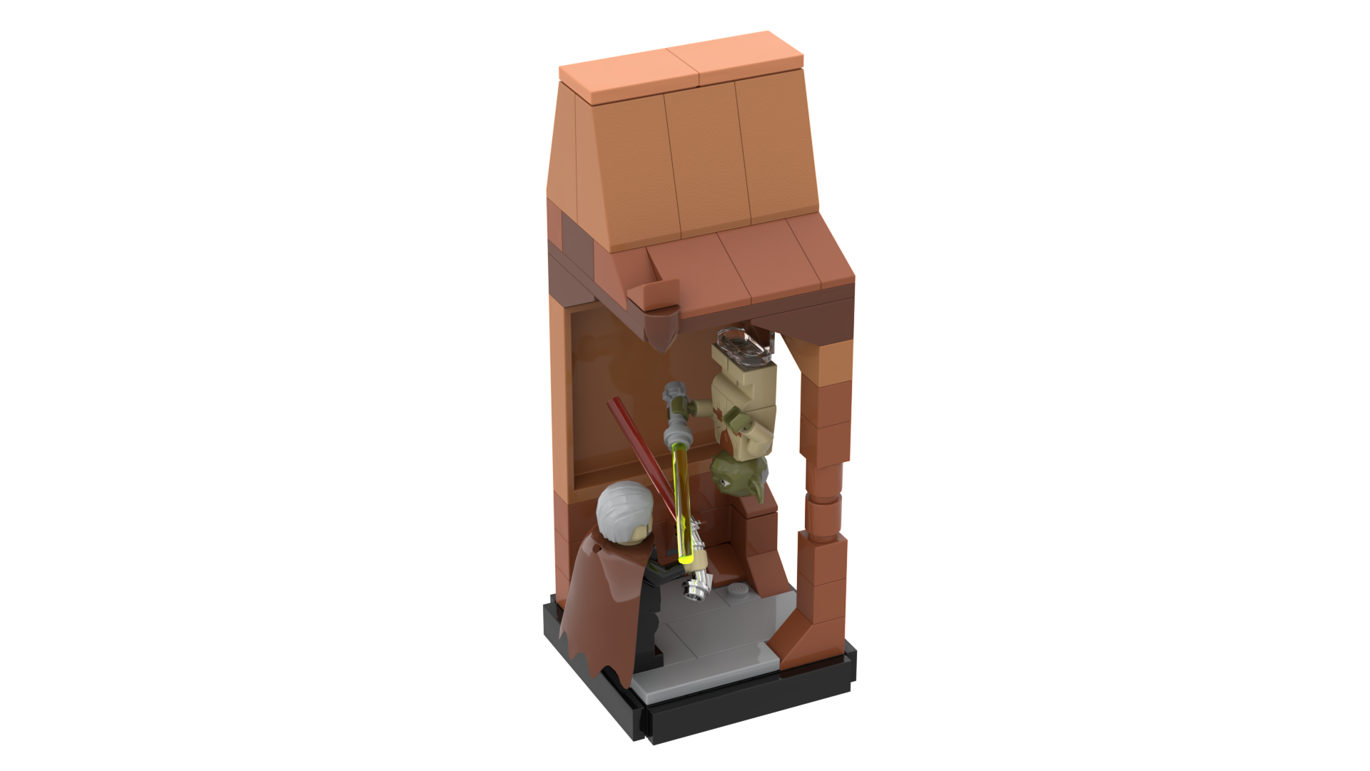 Lego model of Count Dooku and Yoda from Star Wars fighting in a cave, Yoda being upside-down mid-air
