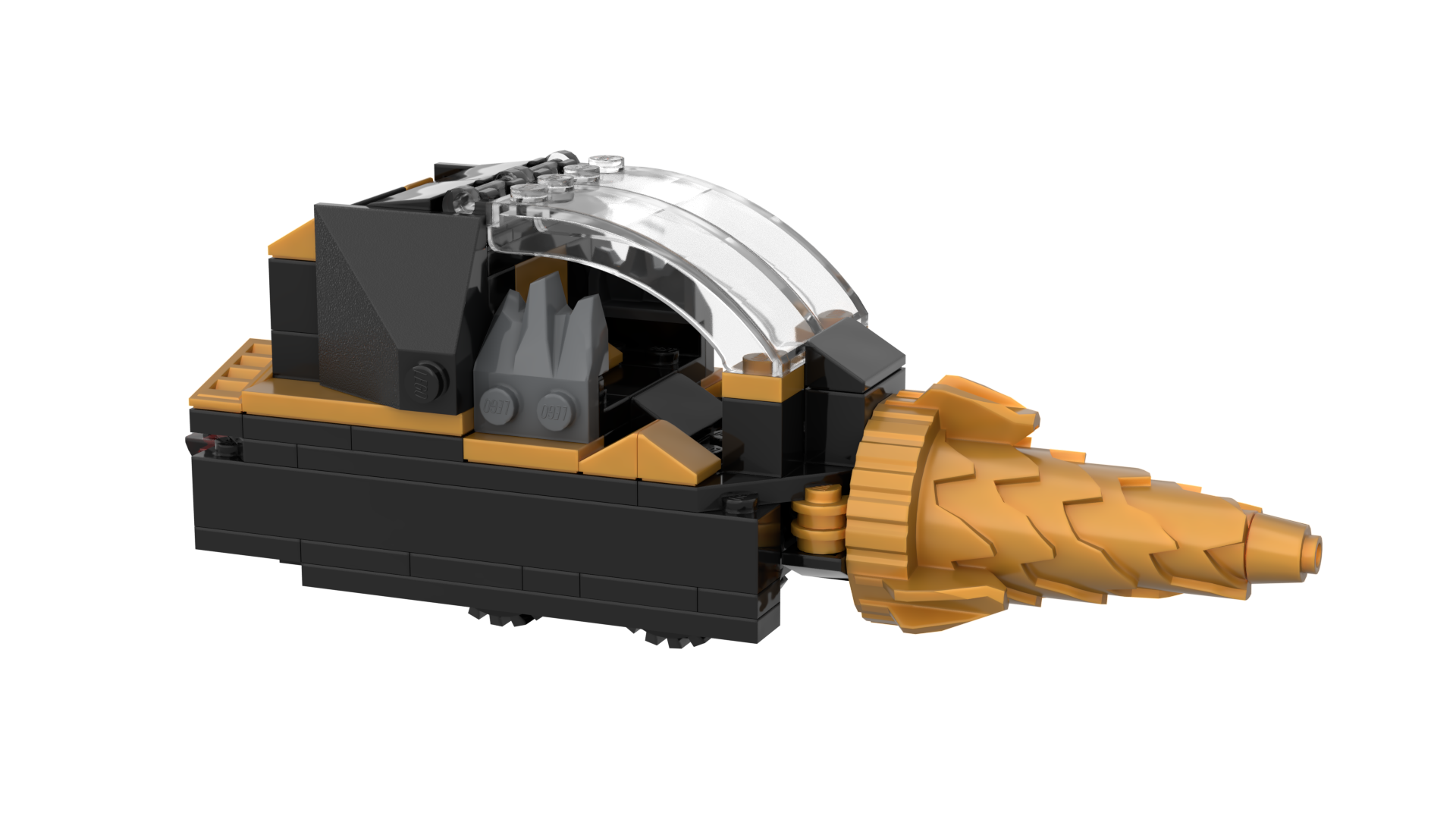 Lego model of a small vehicle with a big drill in front