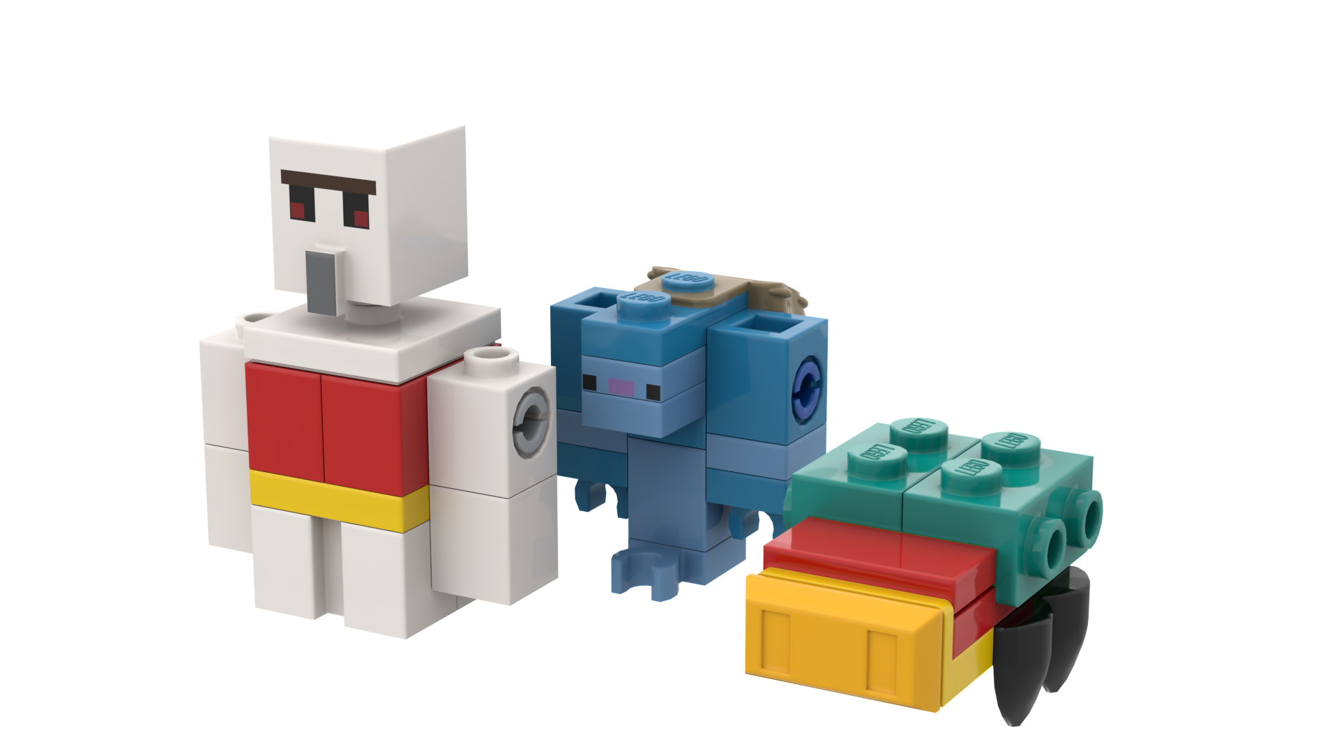 minecraft sniffer, tuff golem, and rascal made out of Lego