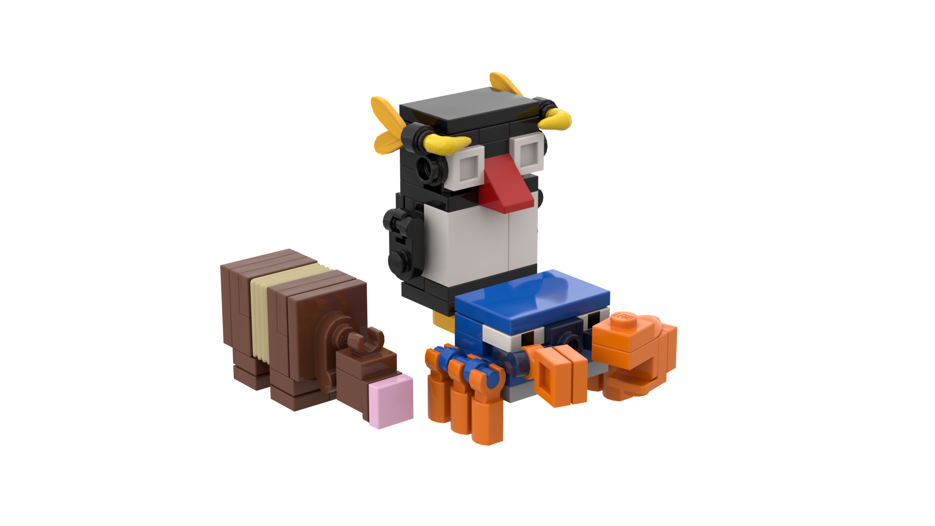 a penguin, armadillo, and crab made out of Lego
