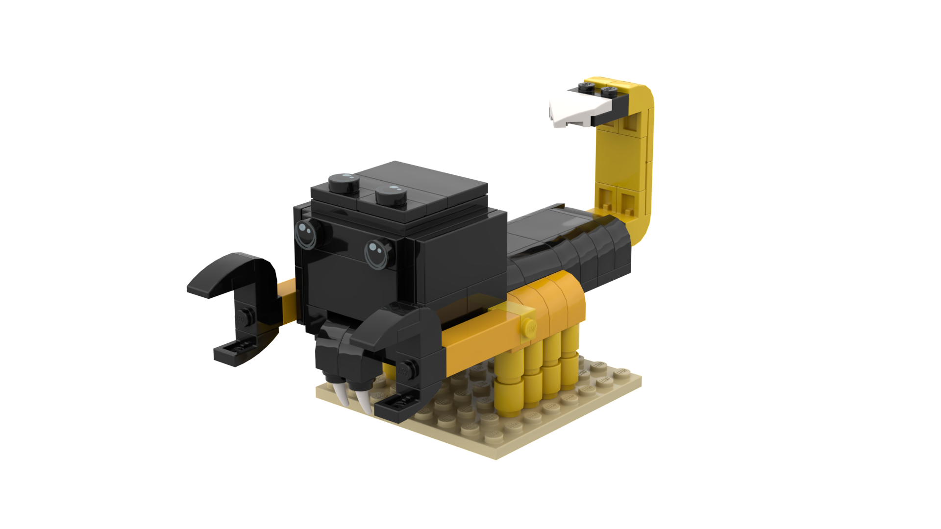 model  of a yellow  and black scorpion made out of Lego bricks
