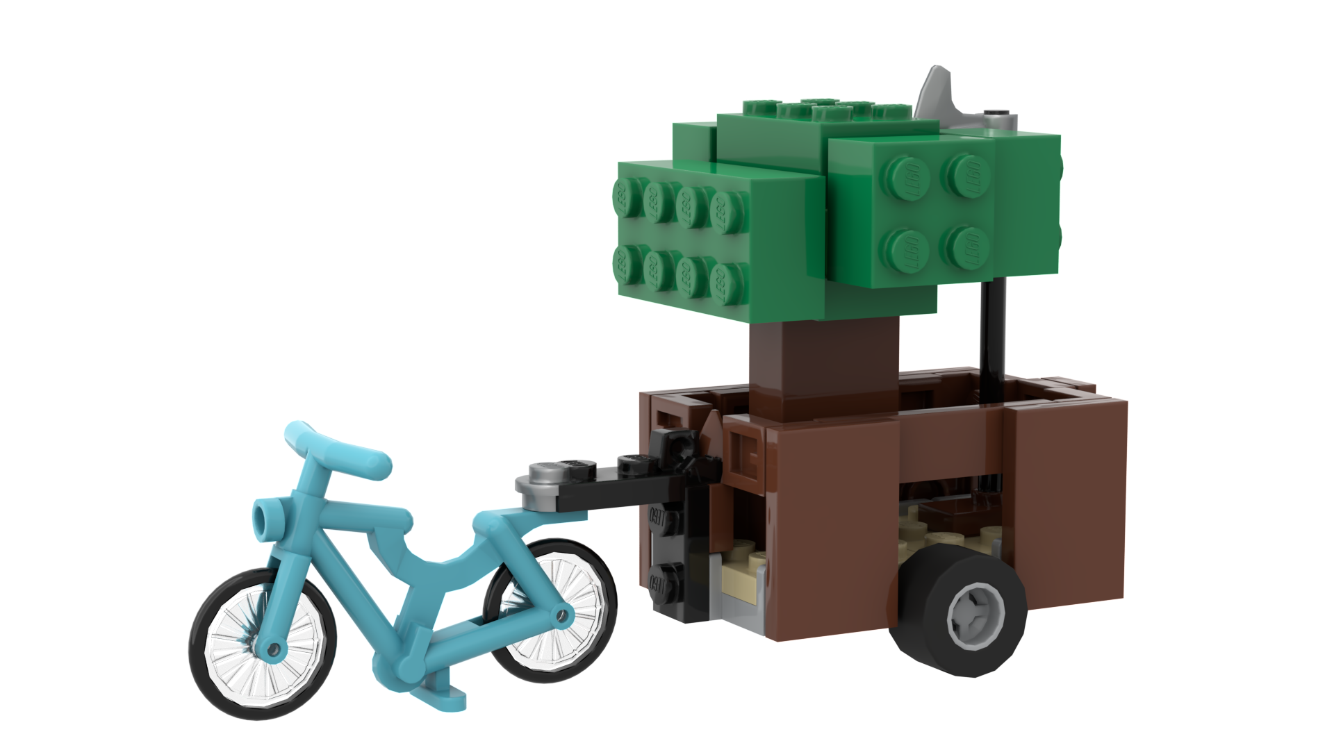 Lego model of bicycle pulling a trailer with a tree and an axe on it