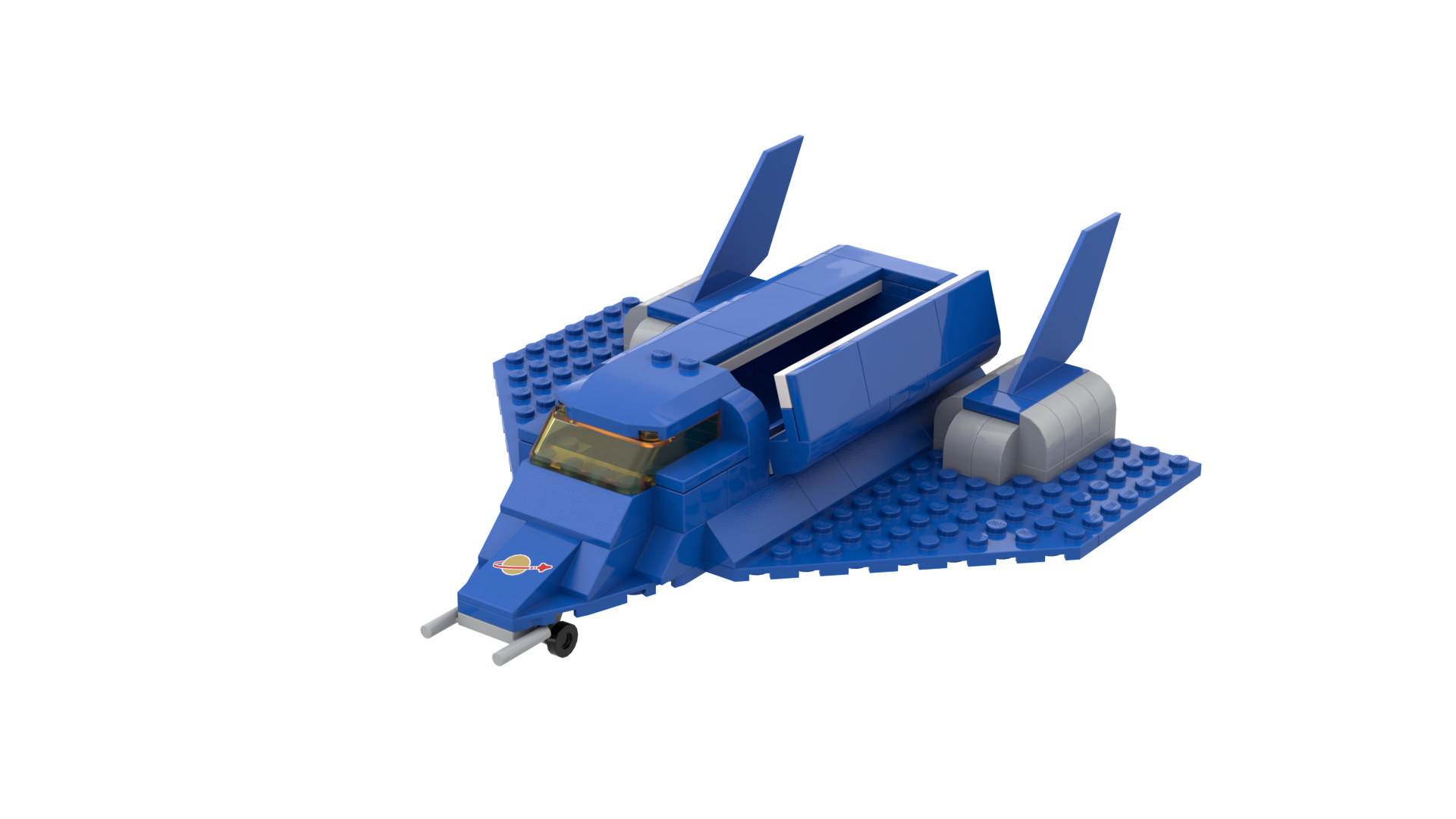 Lego model of a spaceship similar to the Space Shuttle but blue and with two tails