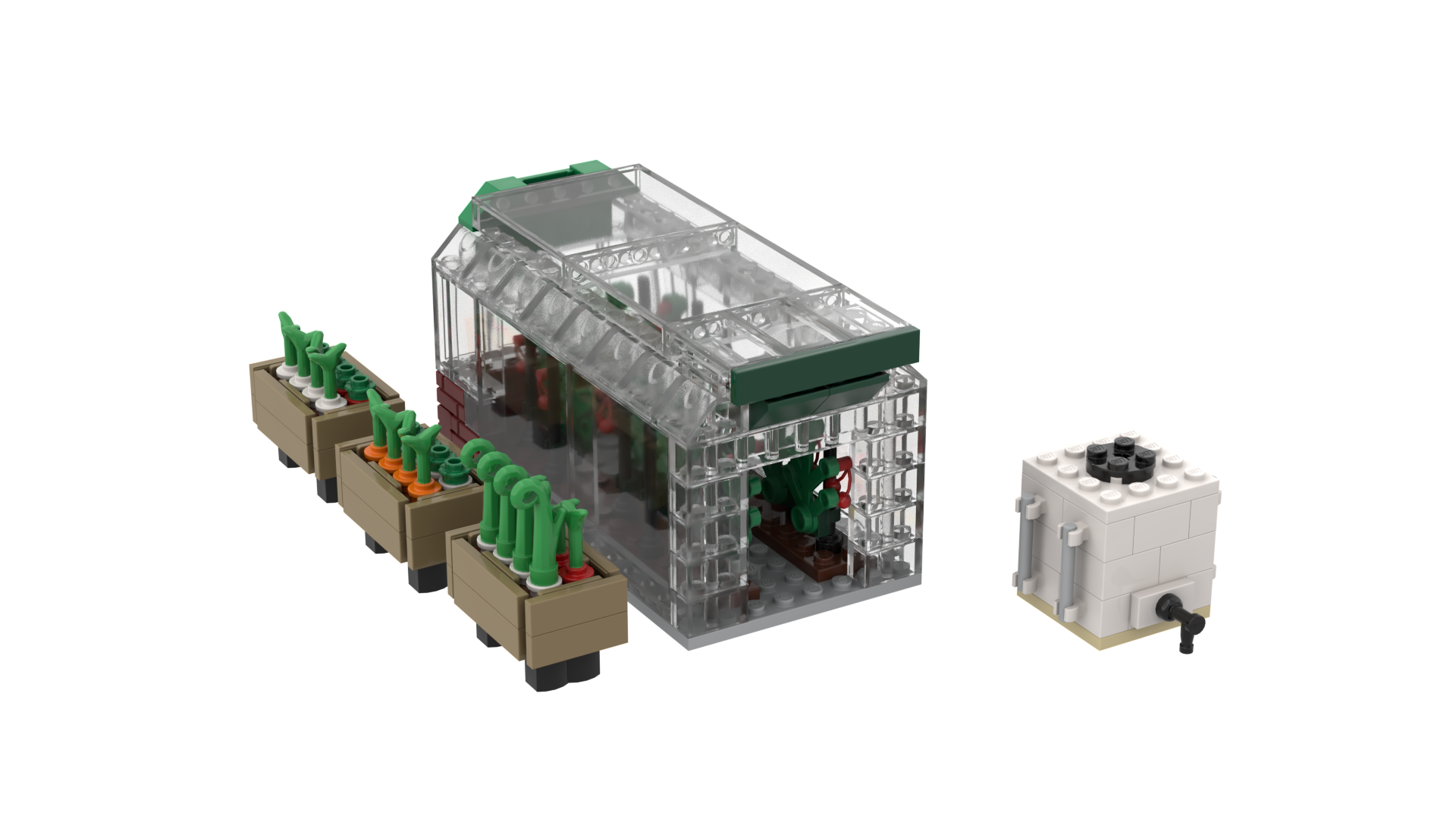 Lego model of a green house with a water tank and raised vegetable beds next to it